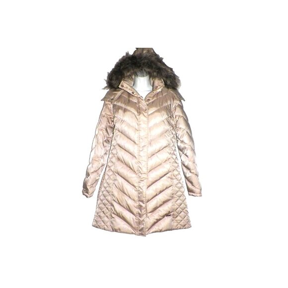 Women's M Reaction Kenneth Cole GIII Down Puffer Coat Satin Champagne Fur Hood - Picture 1 of 14